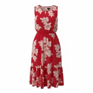 Talbots Red Floral Midi Dress with Cream Blooms